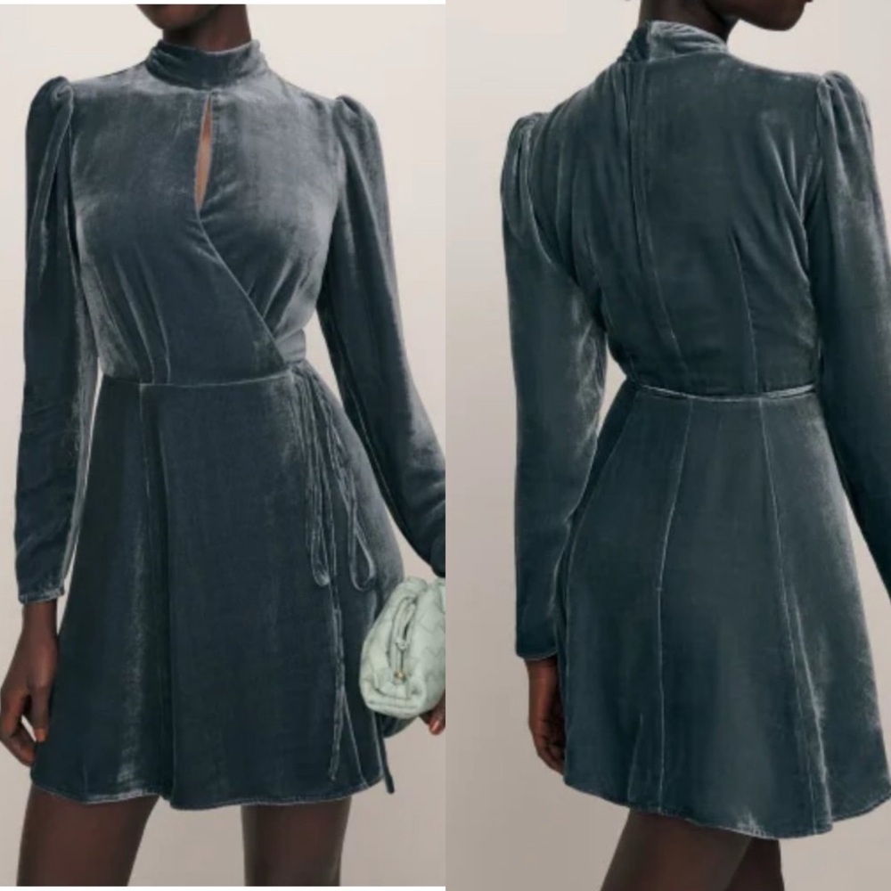 Nwt Reformation M Petite Ottessa Dress Shale Velvet Grey Silver Wrap Mini Silk